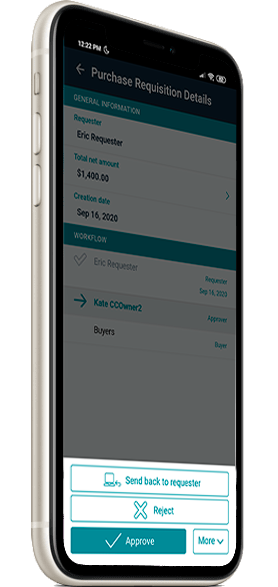 Ein Smartphone zeigt die mobile App von Esker, in welcher eine Bestellung genehmigt wird Ein Smartphone zeigt die mobile App von Esker, in welcher eine Bestellung genehmigt wird